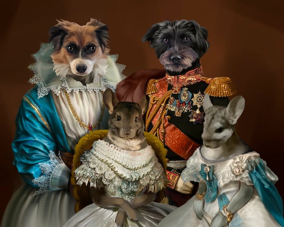 Custom Renaissance Pet Portrait: Royal Chinchilla, Dog, Cat