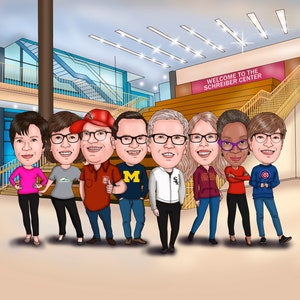 May include: A group of eight people stand in a hallway with a sign that reads "Welcome to the Schreiber Center". They are all smiling and looking at the camera. The people are wearing casual clothing and some are wearing hats.