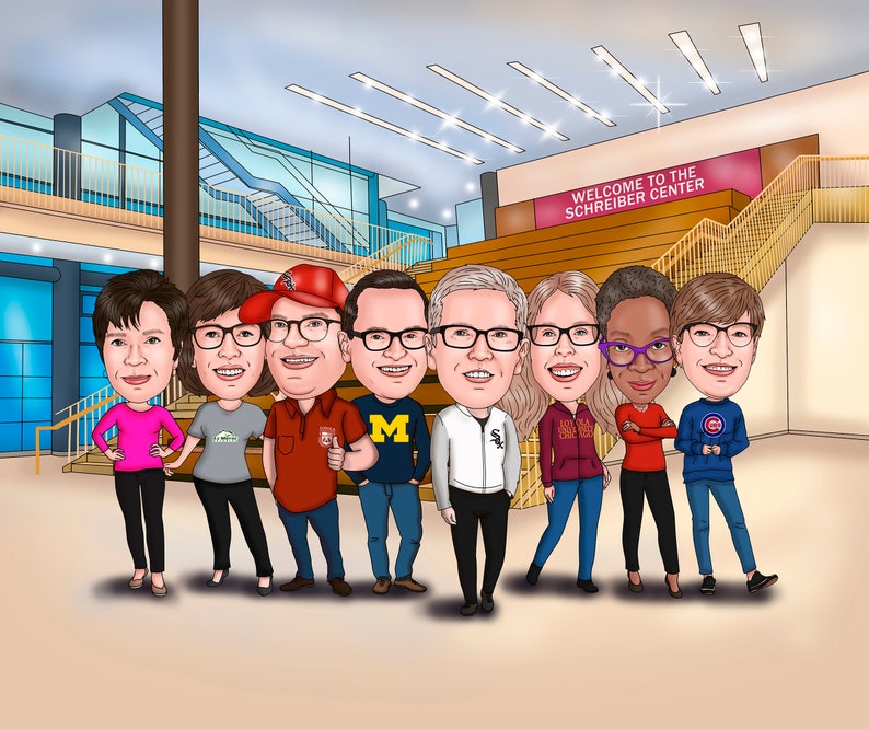 May include: A group of eight people stand in a hallway with a sign that reads "Welcome to the Schreiber Center". They are all smiling and looking at the camera. The people are wearing casual clothing and some are wearing hats.