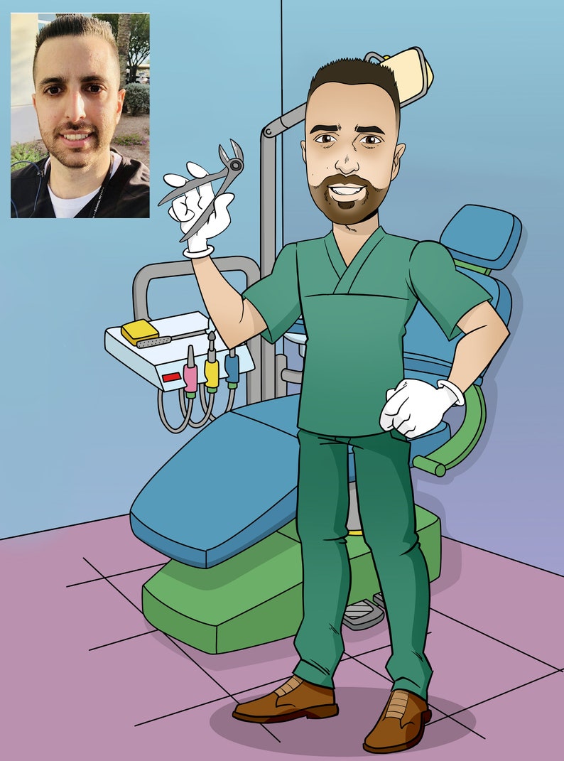 K&ouml;nnte beinhalten: Eine Cartoon-Illustration eines Zahnarztes in gr&uuml;ner Uniform, der ein zahn&auml;rztliches Werkzeug h&auml;lt. Der Zahnarzt steht in einer Zahnarztpraxis mit einem Zahnarztstuhl im Hintergrund.