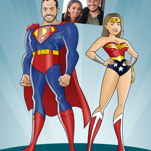 May include: A digital illustration of a couple dressed as superheroes. The man is dressed as Superman, wearing a blue and red suit with a red cape. The woman is dressed as Wonder Woman, wearing a red, blue, and gold costume with a star-spangled skirt.