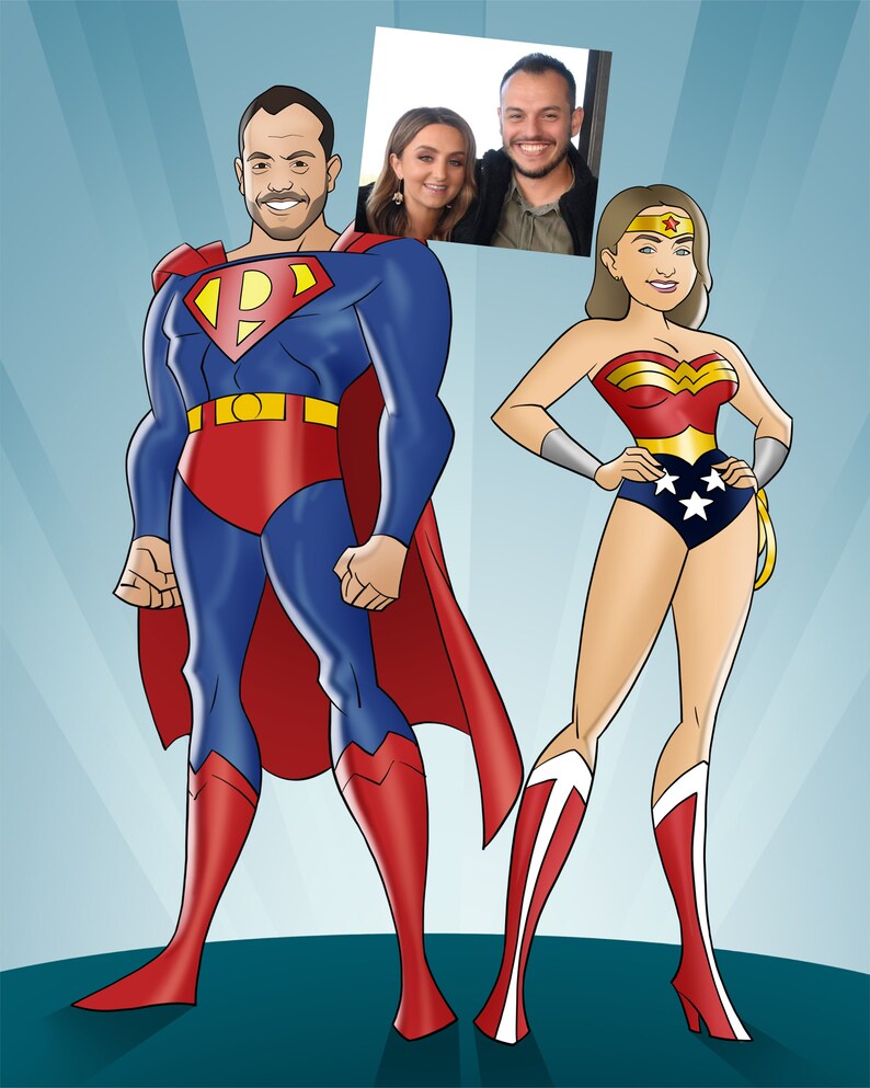 May include: A digital illustration of a couple dressed as superheroes. The man is dressed as Superman, wearing a blue and red suit with a red cape. The woman is dressed as Wonder Woman, wearing a red, blue, and gold costume with a star-spangled skirt.