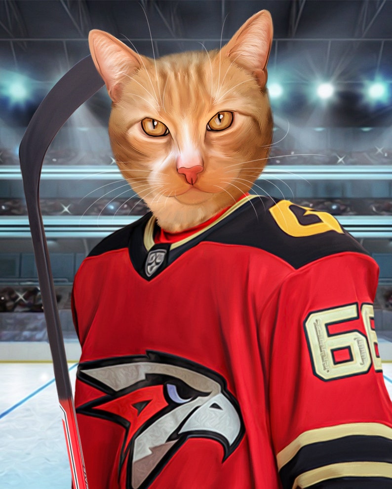 May include: A digitally painted image of an orange tabby cat wearing a red and black hockey jersey with the number 65. The jersey features a hawk logo. The cat is holding a hockey stick in front of a hockey rink background.