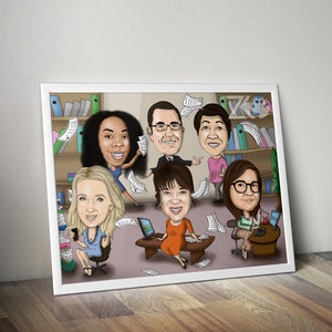May include: A caricature drawing of a group of five people in a work setting. The people are all smiling and appear to be having fun. There are papers flying in the air around them. The drawing is done in a cartoon style and is colorful.