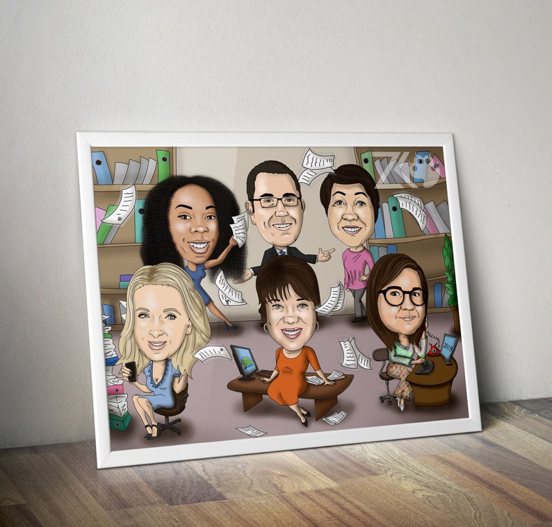 May include: A caricature drawing of a group of five people in a work setting. The people are all smiling and appear to be having fun. There are papers flying in the air around them. The drawing is done in a cartoon style and is colorful.