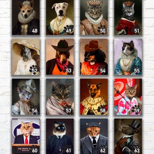 Pu&ograve; includere: Una collezione di ritratti incorniciati con animali vestiti con abiti regali. I ritratti includono un cane con una corona, un gatto in un vestito e un cane con un cappello da cowboy. Ogni ritratto ha un numero nell'angolo in basso.