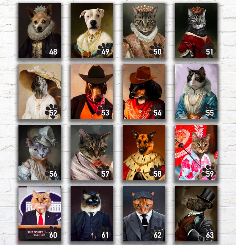 Pu&ograve; includere: Una collezione di ritratti incorniciati con animali vestiti con abiti regali. I ritratti includono un cane con una corona, un gatto in un vestito e un cane con un cappello da cowboy. Ogni ritratto ha un numero nell'angolo in basso.