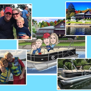May include: A collage of images featuring a family and a pontoon boat. One image shows a family posing for a photo. Another shows a cartoon of a family on a pontoon boat. Other images show the boat and a house on a lake.