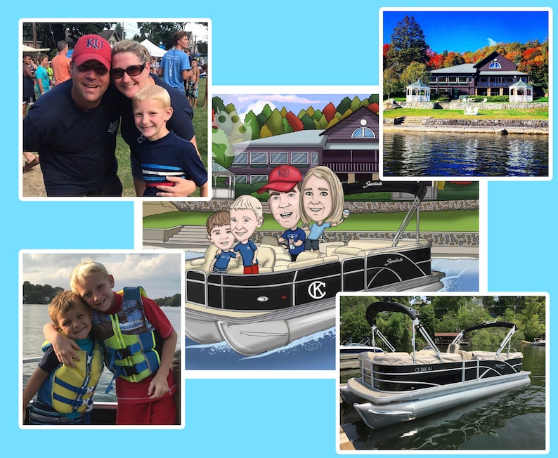 May include: A collage of images featuring a family and a pontoon boat. One image shows a family posing for a photo. Another shows a cartoon of a family on a pontoon boat. Other images show the boat and a house on a lake.