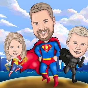 Custom Superhero Cartoon Portrait, Valentines Day Gift, Custom Family Caricature, Family Illustration
