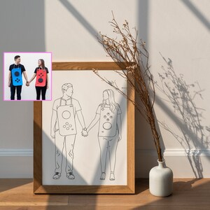 Gamer Gift for Couple, gamer birthday invitation, Custom Line Drawing, family portrait