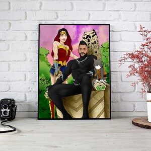 May include: A digital illustration of a couple dressed as Wonder Woman and Black Panther, standing with two cats. The woman is wearing a red, blue, and gold costume. The man is wearing a black costume with a silver necklace. The cats are sitting on a stone pedestal. The background is a pink and purple sky with green trees.