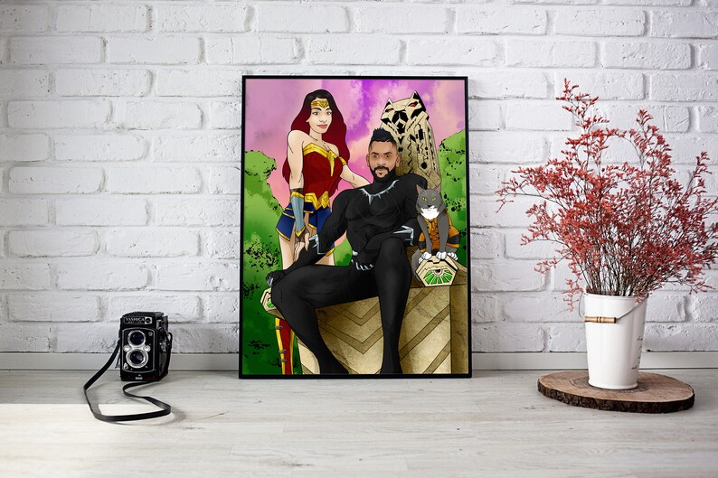 May include: A digital illustration of a couple dressed as Wonder Woman and Black Panther, standing with two cats. The woman is wearing a red, blue, and gold costume. The man is wearing a black costume with a silver necklace. The cats are sitting on a stone pedestal. The background is a pink and purple sky with green trees.