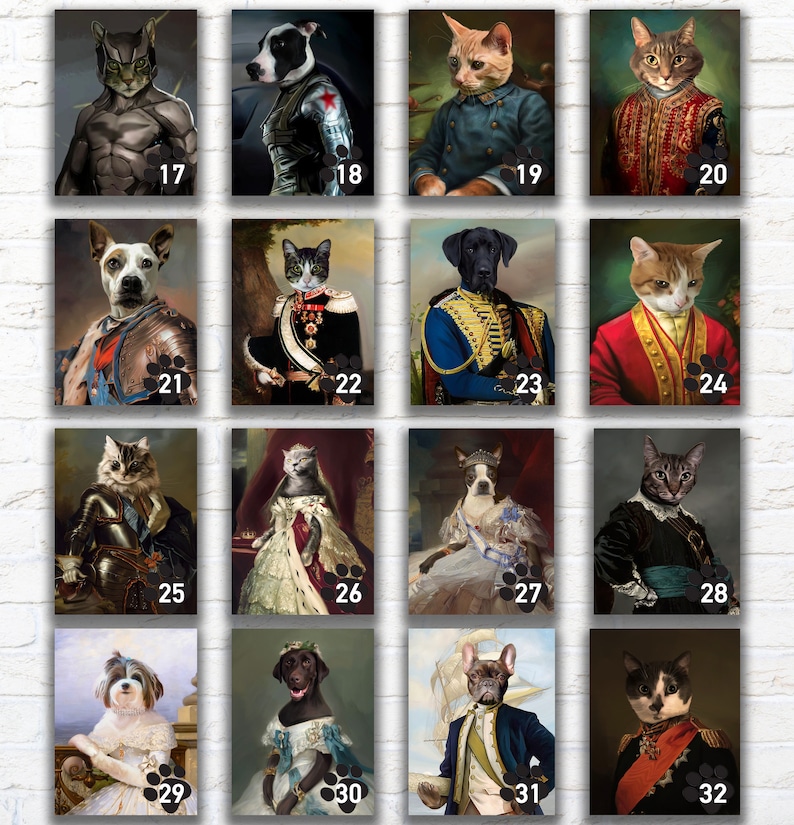 Pu&ograve; includere: Una collezione di 16 stampe di ritratti con animali vestiti con abiti storici. Le stampe includono gatti, cani e un pitbull, ognuno con un costume unico e numerato da 17 a 32.