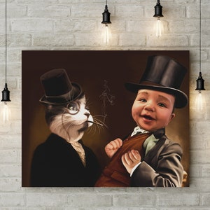 Op de afbeelding: Een digitale schildering van een kat en een kind die hoge hoeden dragen. De kat draagt een monocle en heeft een sigaret in zijn mond. Het kind glimlacht en draagt een bruin vest en een grijs jasje. De achtergrond is donkerbruin.