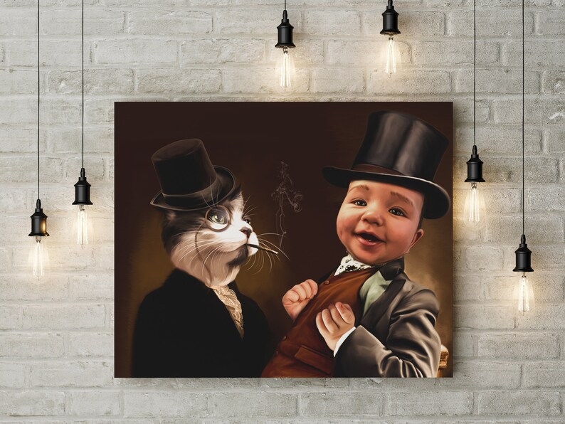 Op de afbeelding: Een digitale schildering van een kat en een kind die hoge hoeden dragen. De kat draagt een monocle en heeft een sigaret in zijn mond. Het kind glimlacht en draagt een bruin vest en een grijs jasje. De achtergrond is donkerbruin.