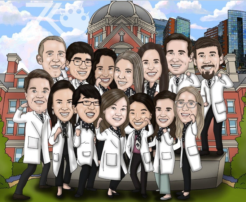 May include: A group of caricatured people in white lab coats and black pants, posing in front of a red brick building with a domed roof. The image has a cartoon style with exaggerated features and bright colors.