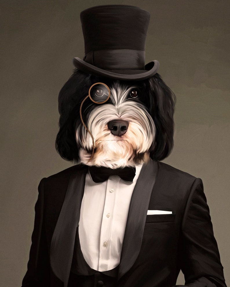 May include: A black and white dog wearing a black top hat, a black bow tie, and a monocle. The dog is wearing a black tuxedo jacket with a white shirt and a white vest.