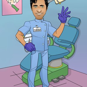 K&ouml;nnte beinhalten: Eine Cartoon-Illustration eines Zahnarztes in einer hellblauen Uniform mit einem Namensschild, auf dem "Dr. Walia" steht. Der Zahnarzt steht in einem Zahnarztpraxis mit einem blauen Zahnarztstuhl und einer Leuchte &uuml;ber dem Stuhl.
