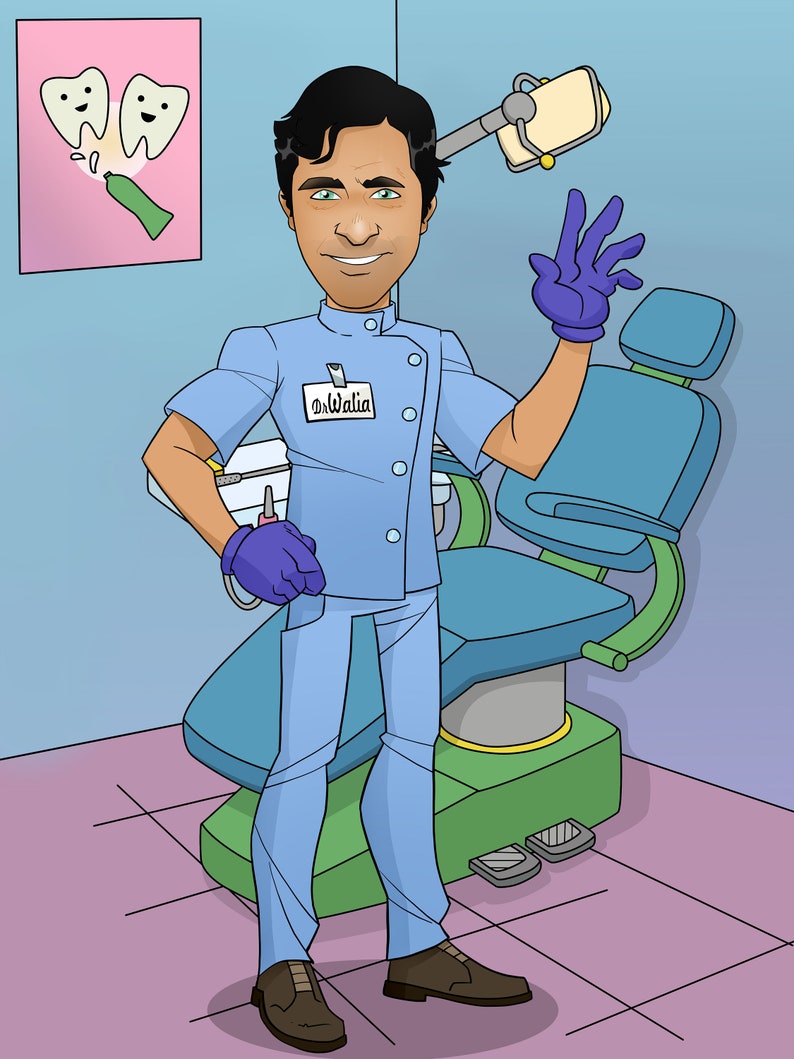 K&ouml;nnte beinhalten: Eine Cartoon-Illustration eines Zahnarztes in einer hellblauen Uniform mit einem Namensschild, auf dem "Dr. Walia" steht. Der Zahnarzt steht in einem Zahnarztpraxis mit einem blauen Zahnarztstuhl und einer Leuchte &uuml;ber dem Stuhl.