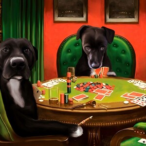 May include: Two black dogs playing poker at a green felt table. One dog is wearing a green chair and the other is sitting on a green chair. There are cards, chips, and a glass of whiskey on the table.