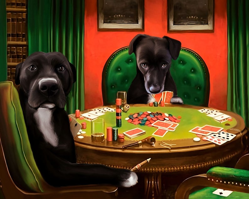 May include: Two black dogs playing poker at a green felt table. One dog is wearing a green chair and the other is sitting on a green chair. There are cards, chips, and a glass of whiskey on the table.