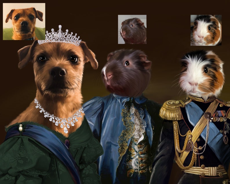 K&ouml;nnte beinhalten: Ein Portr&auml;t von vier Haustieren, die in k&ouml;niglicher Kleidung gekleidet sind. Ein brauner Hund mit einer Diamantenkette und einer Krone tr&auml;gt ein gr&uuml;nes Kleid mit einer blauen Sch&auml;rpe. Ein schwarz-wei&szlig;es Meerschweinchen tr&auml;gt einen blauen und goldenen Anzug mit einem wei&szlig;en Spitzenkragen. Ein braunes Meerschweinchen tr&auml;gt einen blauen und goldenen Anzug mit einem wei&szlig;en Spitzenkragen. Ein braunes Meerschweinchen tr&auml;gt einen blauen und goldenen Anzug mit einem wei&szlig;en Spitzenkragen.