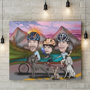 May include: A colorful cartoon illustration depicts a family riding a tandem bicycle with two dogs and a cat. The background features mountains, a river, and a sunset. The family wears helmets.