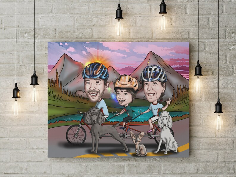 May include: A colorful cartoon illustration depicts a family riding a tandem bicycle with two dogs and a cat. The background features mountains, a river, and a sunset. The family wears helmets.