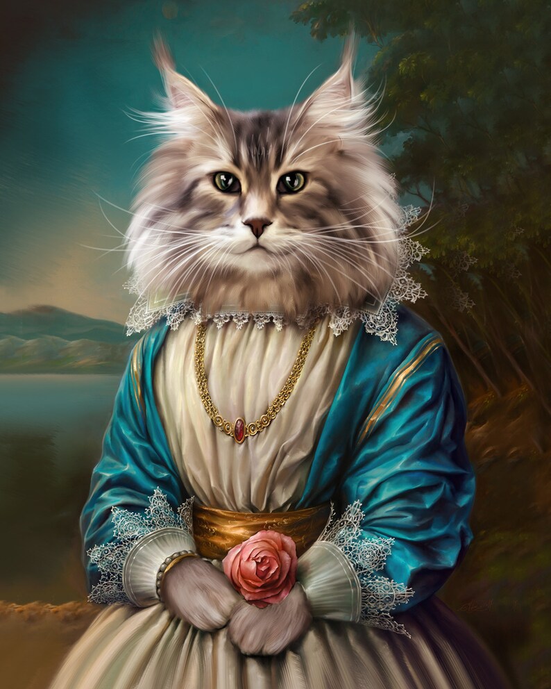 May include: A portrait of a cat dressed in a blue and white gown with a gold necklace and a rose in its paws. The cat has a serious expression and is looking directly at the viewer.