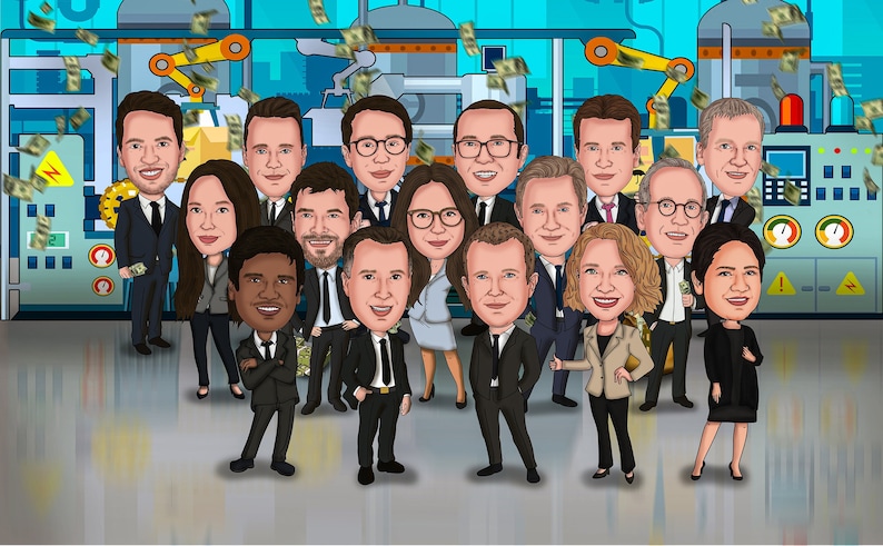 May include: A group of cartoon people in business attire stand in front of a factory with money falling from the ceiling. The factory has a blue and orange color scheme and a large control panel with gauges.