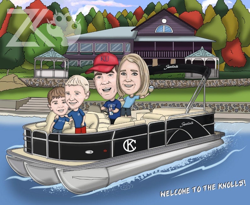 May include: A cartoon illustration of a family on a pontoon boat. The boat is black and beige with the text "SunChaser" on the side. The family is smiling and waving. The background includes a lake, trees, and a building. The text "Welcome to the Knolls!" is at the bottom.