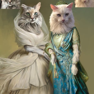May include: Two cats dressed in elegant gowns. The cat on the left is wearing a white gown with a flowing veil. The cat on the right is wearing a blue gown with a gold and jewel-toned bodice and a crown.