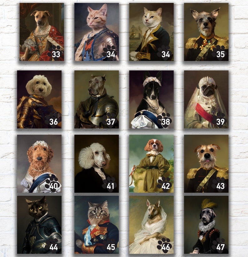 Pu&ograve; includere: Una collezione di ritratti di animali domestici incorniciati, ognuno raffigurante un cane o un gatto in abiti regali. I ritratti, numerati da 33 a 47, mostrano varie razze e pose, con uno sfondo di mattoni bianchi.