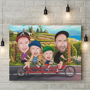 Familienkarikatur auf dem Fahrrad, Familienporträt, Sportliebhaber Familie, Familie im Urlaub, kundenspezifische Karikatur, Karikaturporträt