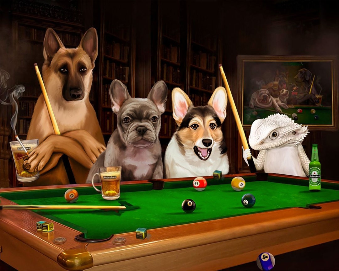 Dogs Playing Billiards, Funny Pet Portrait, Billiards Lover Gift, Pets
