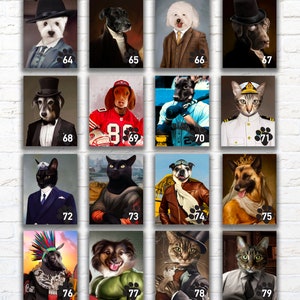 May include: A collage of 15 images featuring various animals dressed in human clothing. Each image is framed in a white border and numbered. The animals include dogs, cats, and a rabbit. The clothing includes suits, dresses, and uniforms. The images are arranged in a grid of 5 rows and 3 columns.