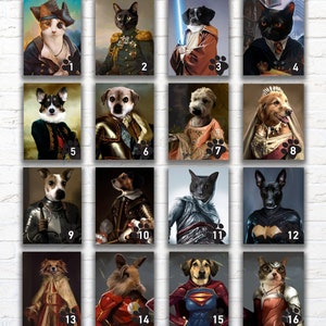 K&ouml;nnte beinhalten: Eine Collage aus 16 Bildern, die verschiedene Tiere in verschiedenen Kost&uuml;men zeigen. Zu den Tieren geh&ouml;ren Katzen, Hunde und ein Kaninchen. Die Kost&uuml;me umfassen einen Piraten, einen General, einen Jedi, einen Superhelden und einen Ritter. Die Bilder sind in einem Raster aus vier Reihen und vier Spalten angeordnet.