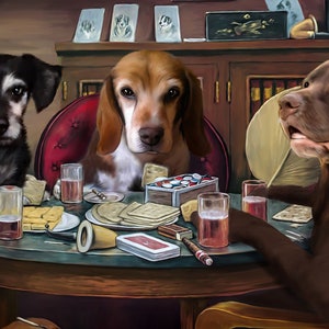 May include: Three dogs sitting at a table playing cards. The dog on the left is black and white, the dog in the middle is brown and white, and the dog on the right is brown. There are glasses of liquid, snacks, and playing cards on the table.