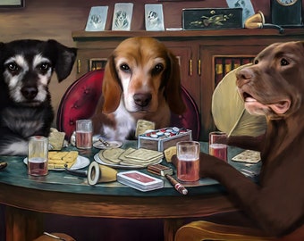 Valentines Day Gift, Custom Pet Portrait, Dogs Playing Poker, Funny Pet Lover Gift