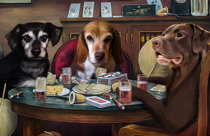 May include: Three dogs sitting at a table playing cards. The dog on the left is black and white, the dog in the middle is brown and white, and the dog on the right is brown. There are glasses of liquid, snacks, and playing cards on the table.