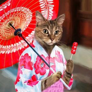 May include: A tabby cat wearing a pink and white floral kimono holds a red and white candy on a stick. The cat is holding a red and white umbrella with white floral designs.