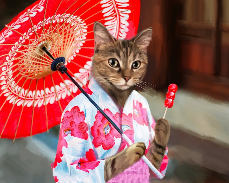 May include: A tabby cat wearing a pink and white floral kimono holds a red and white candy on a stick. The cat is holding a red and white umbrella with white floral designs.