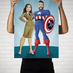 May include: A digital illustration of a couple dressed as superheroes. The woman is wearing a khaki military uniform and the man is dressed as Captain America. The background is a blue and green gradient.