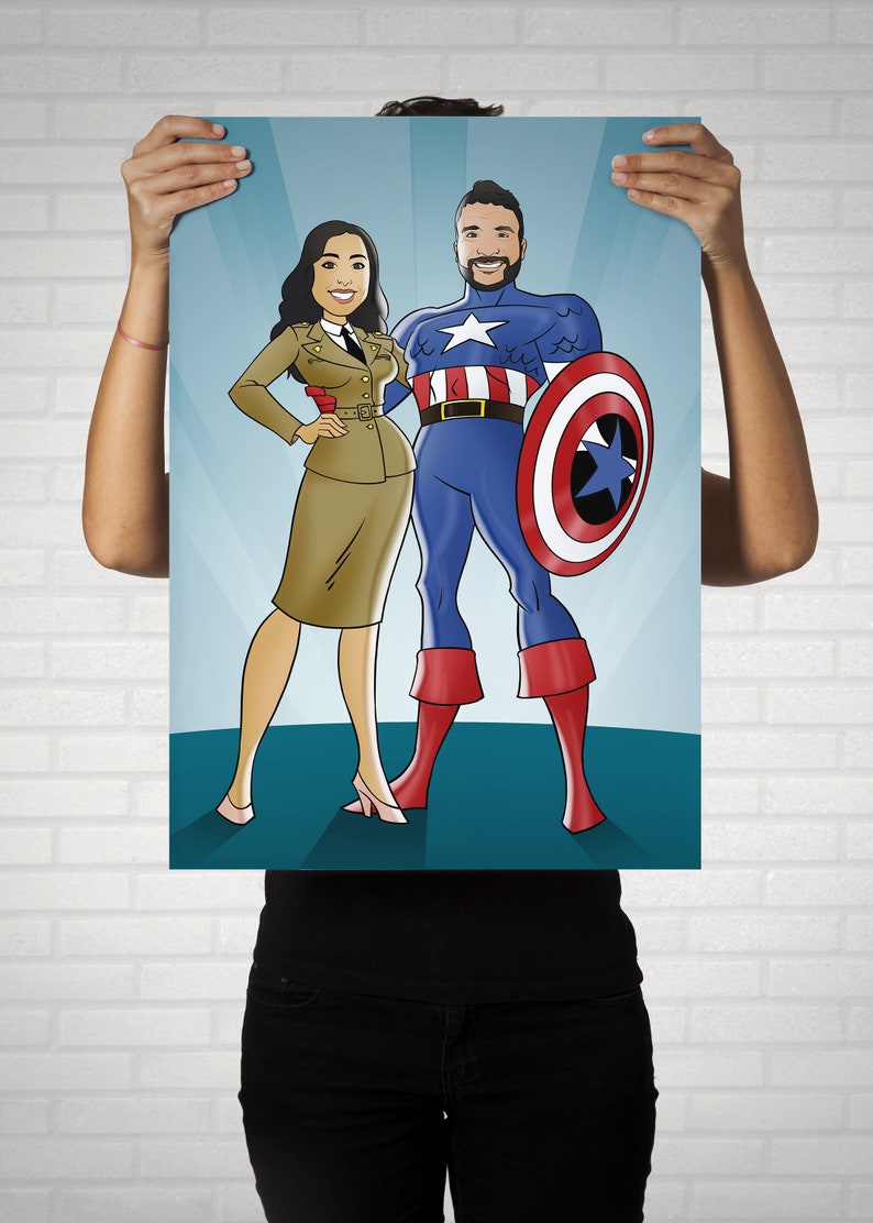 May include: A digital illustration of a couple dressed as superheroes. The woman is wearing a khaki military uniform and the man is dressed as Captain America. The background is a blue and green gradient.
