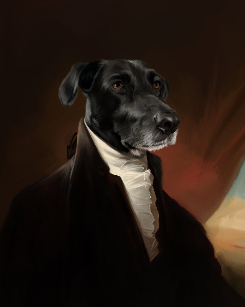 May include: A black dog wearing a white ruffled collar and a dark brown jacket. The dog is looking to the right of the frame. The background is a dark brown and red.
