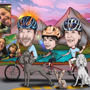 May include: A whimsical cartoon illustration of a family riding a tandem bicycle, with two dogs and a cat. The background features mountains and a sunset. The family members are wearing helmets. There are also two smaller photos of the family.