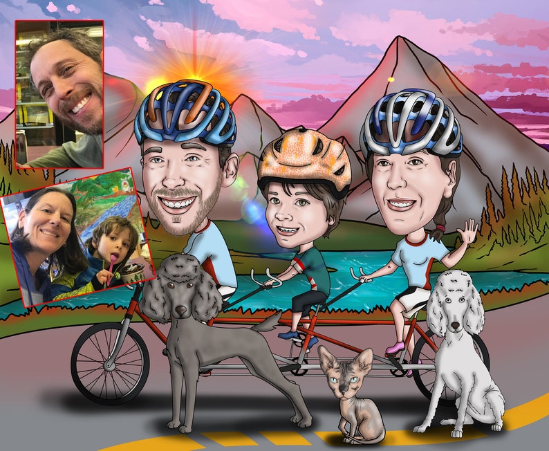 May include: A whimsical cartoon illustration of a family riding a tandem bicycle, with two dogs and a cat. The background features mountains and a sunset. The family members are wearing helmets. There are also two smaller photos of the family.