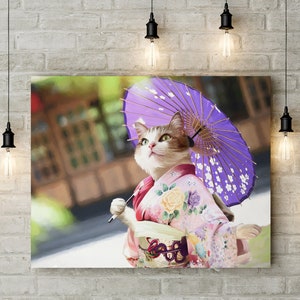 May include: A tabby cat wearing a pink and white kimono with floral designs holds a purple and white umbrella. The cat is looking up and has a surprised expression on its face.