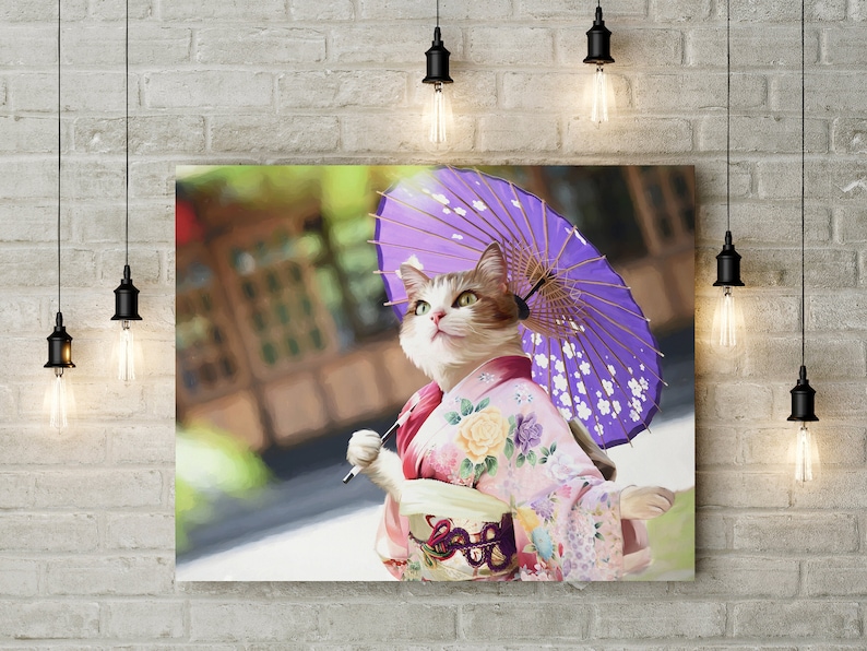 May include: A tabby cat wearing a pink and white kimono with floral designs holds a purple and white umbrella. The cat is looking up and has a surprised expression on its face.